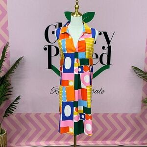 Sleeveless Midi Shirt Dress in Multicolor Geometric Print